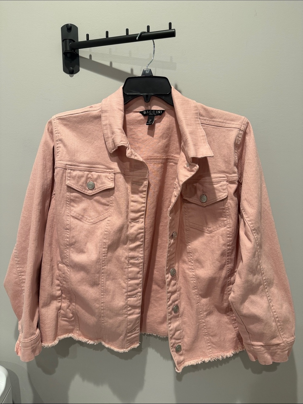 Baccini Blush Pink Denim Jacket with Frayed Hem. Slightly cropped.